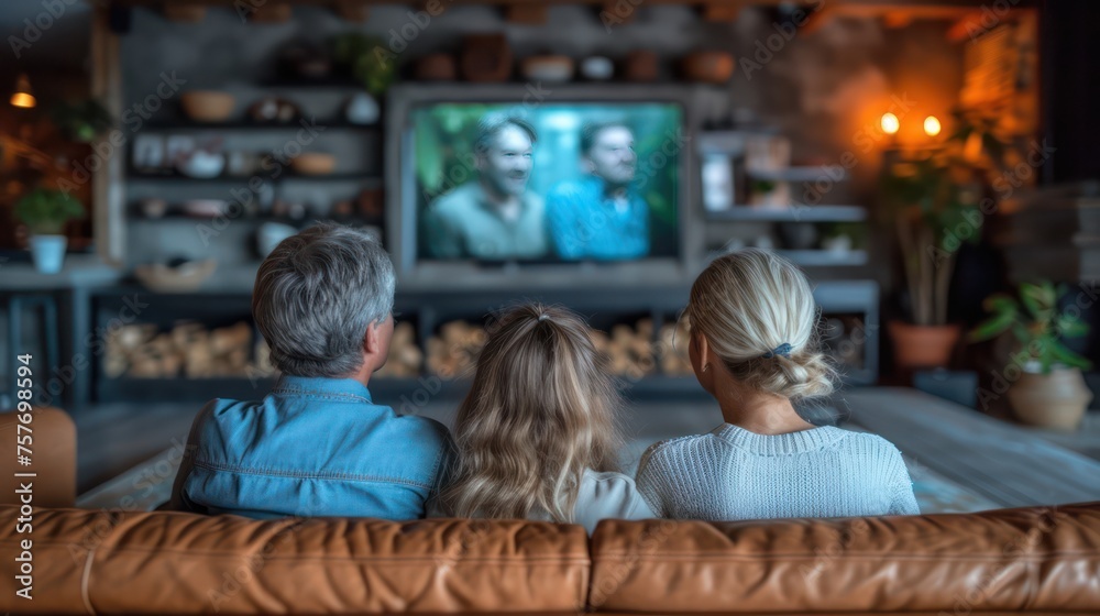 Family time, happy family, rear view, watching TV Family time, happy family, rear view, watching TV