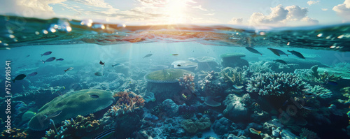 Underwater landscape showcasing vibrant coral reef and marine life with split sky and ocean view