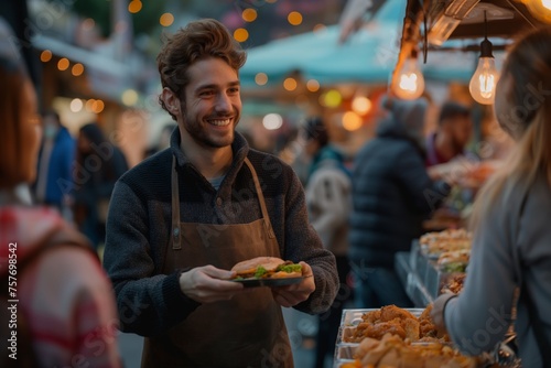 Fototapeta Naklejka Na Ścianę i Meble -  Friendly male vendor serving street food at a bustling outdoor market, concept of small business and local cuisine culture