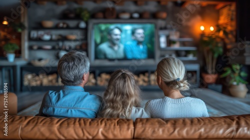 Family time, happy family, rear view, watching TV