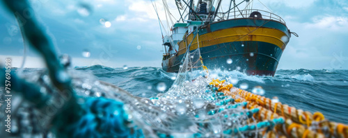 Fishing vessel braving rough seas, illustrating sustainable fishing practices in marine conservation photo