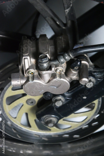 close up of motorcycle disc brakes