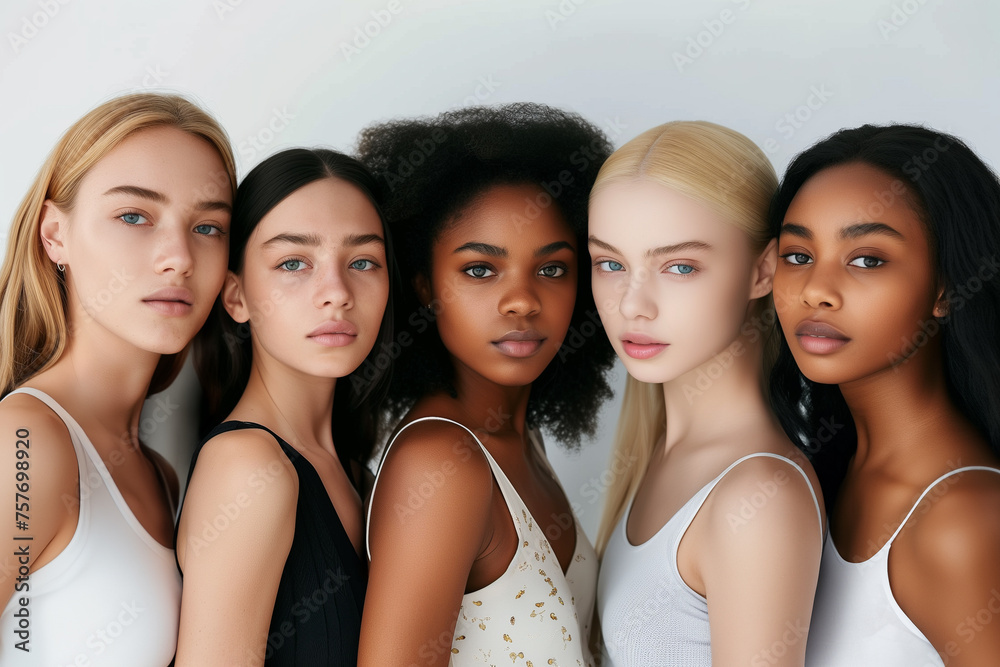 Diverse group of women standing in studio on grey background.