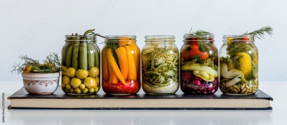 A row of mason jars filled with pickled vegetables, a type of preserved food known as Achaar, are placed on top of a recipe book for food storage recipes A row of mason jars filled with pickled vegetables, a type of preserved food known as Achaar, are placed on top of a recipe book for food storage recipes