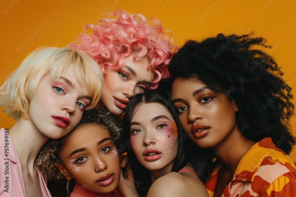 A group of diverse women with different skin tones and hair colors, posing together for a beauty magazine shot with a close up portrait against an orange background