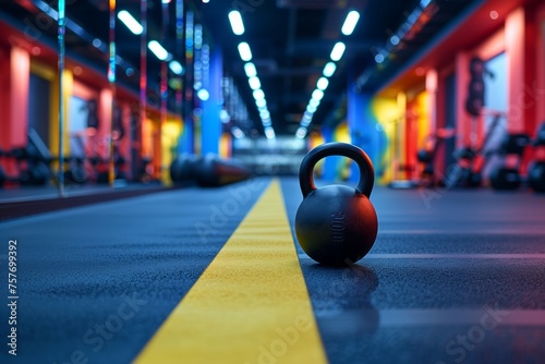 Kettlebell on gym floor with colorful neon lights, concept of fitness and modern workout environment