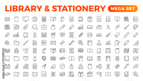 Educational Resources Line Icons set. Backpack, Book, learning, school. Learning icon set. Contains study, graduation, student, knowledge, learning, school, and stationery icons.