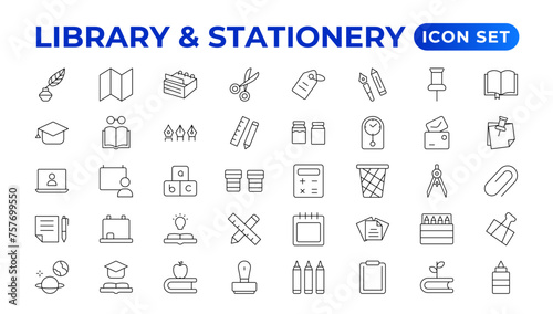 Educational Resources Line Icons set. Backpack, Book, learning, school. Learning icon set. Contains study, graduation, student, knowledge, learning, school, and stationery icons.