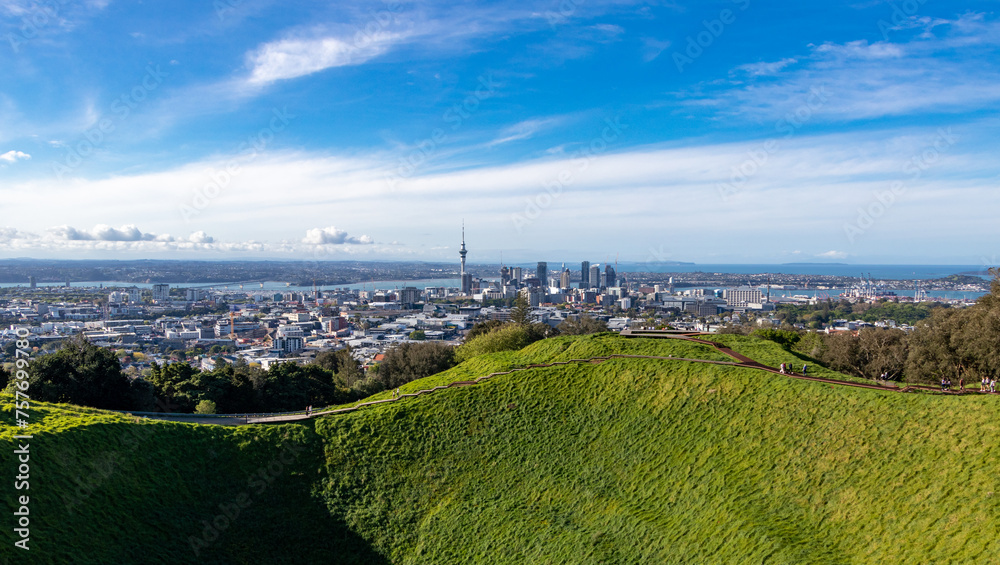 Wide shot of Mt. Eden and Skyline of Auckland - Auckland, New Zealand