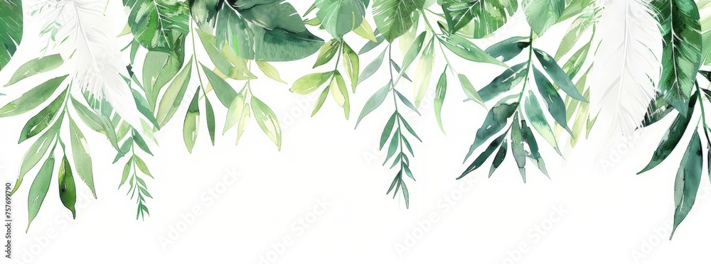 A watercolor painting featuring vibrant green leaves painted in delicate detail against a clean white background - obrazy, fototapety, plakaty 