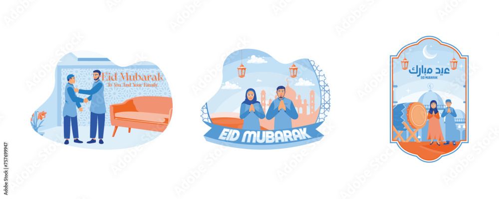 Shake hands and forgive each other. A Muslim couple is saying Eid al-Fitr greetings. Muslim children welcome Eid al-Fitr. Happy Eid Mubarak concept. Set flat vector illustration.