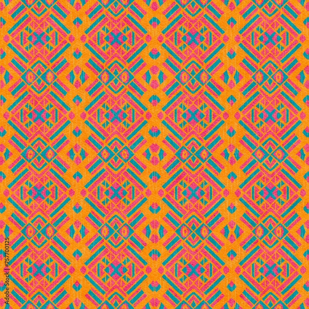 Watercolor ethnic seamless pattern in tribal.Ikat design on paper texture in native American, Mexican, African, Aboriginal style.Aztec geometric folk culture art background.Boho abstract.Hand painted.
