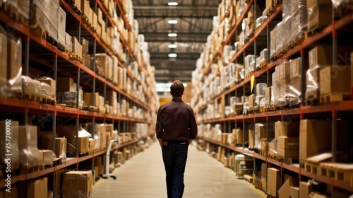 An employee walking at hallways warehouse full of shelves.