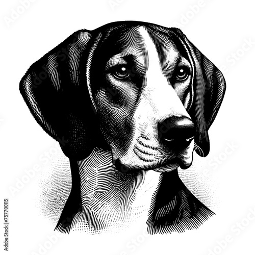 American foxhound dog portrait. Hand Drawn Pen and Ink. Vector Isolated in White. Engraving vintage style illustration for print, tattoo, t-shirt	