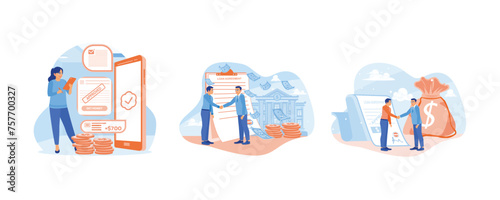 Online banking service application. The banker and businessman shake hands after signing the loan agreement. Borrows money from the bank. Approved Loan concept. Set flat vector illustration.