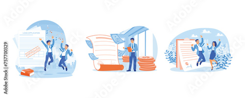 A loan application. Bank approved loan agreement. People borrow money from banks. Approved Loan concept. Set flat vector illustration.