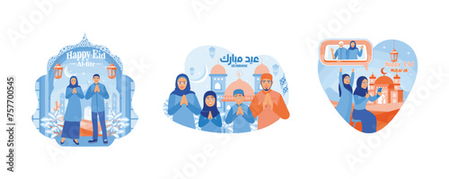 Welcoming Eid al-Fitr. Say Eid al-Fitr greetings. Muslim family makes a video call. Happy Eid Mubarak concept. Set flat vector illustration.