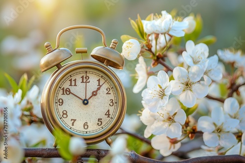 Vintage alarm clock set among blooming cherry blossoms signifies springtime and the concept of passing time, renewal, and natural beauty