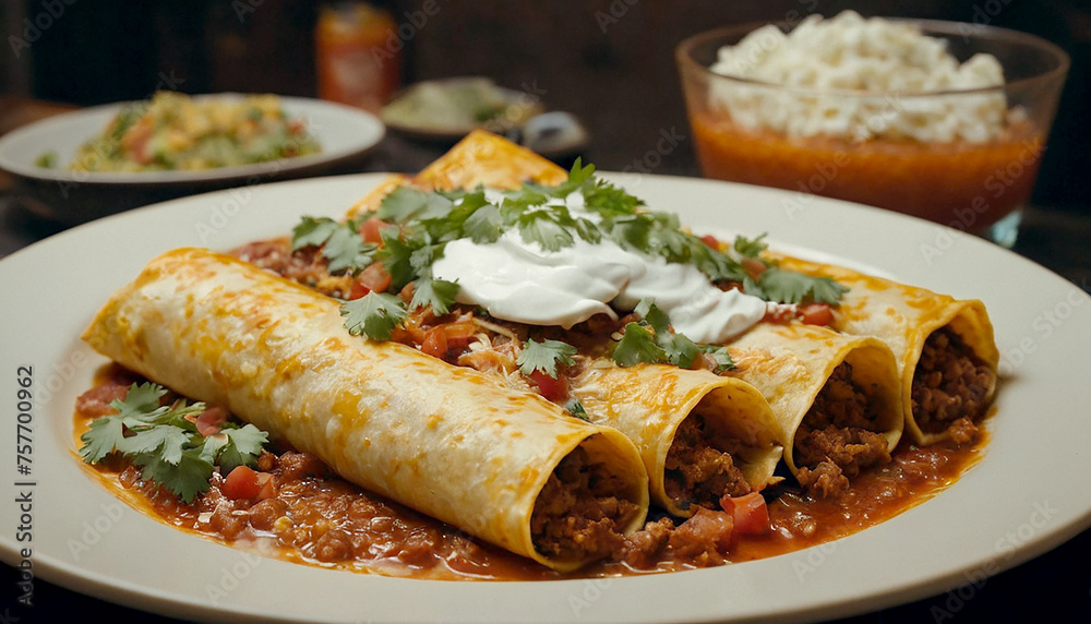 Traditional Mexican dish enchiladas with meat and vegetable filling Traditional Mexican dish enchiladas with meat and vegetable filling
