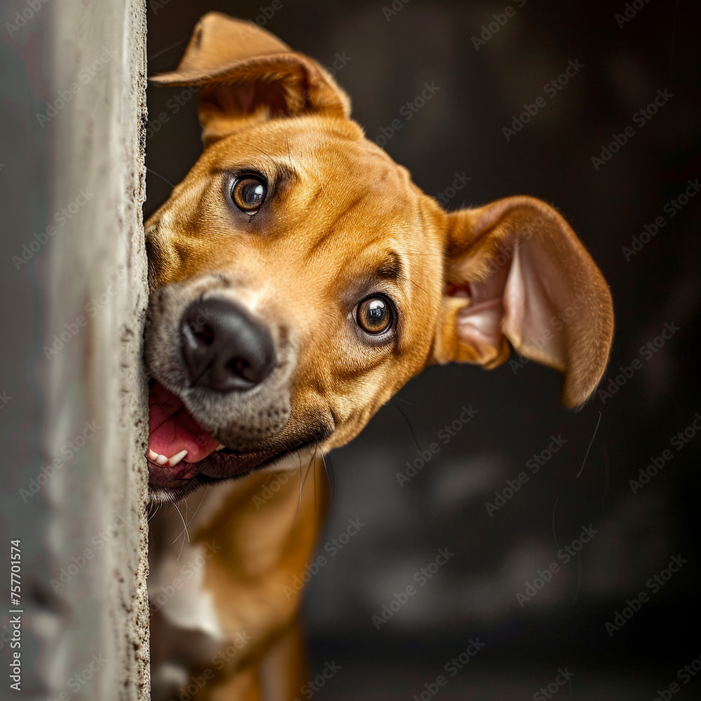lifestyle photo Portrait funny and happy puppy dog peeking out from behind edge of frame.