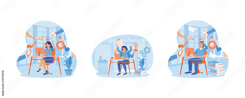 Business people with a lot of work surrounding them. Plans and organizes work schedules. Fatigue and stress. Multitasking Work concept. Set flat vector illustration.