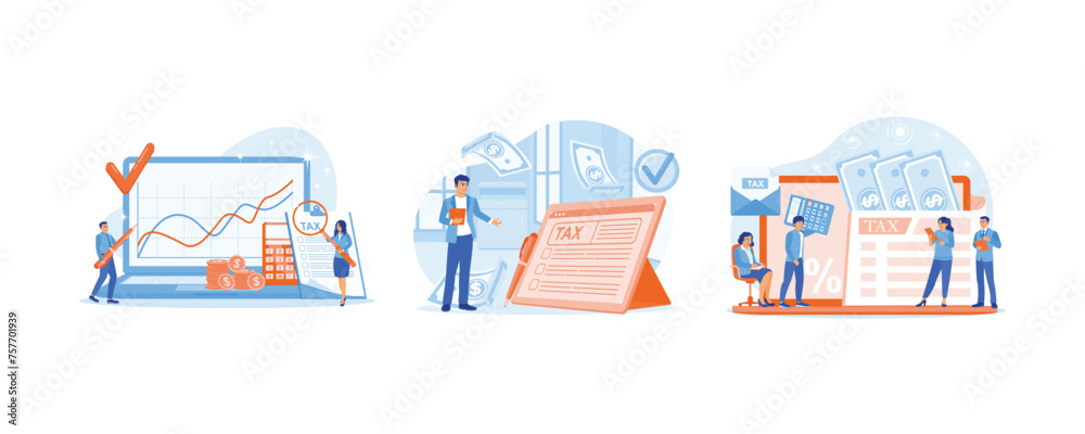 Accountants and financial advisors analyze corporate finances. Manage personal finances. People fill out online tax forms. Tax Audit concept. Set flat vector illustration. Accountants and financial advisors analyze corporate finances. Manage personal finances. People fill out online tax forms. Tax Audit concept. Set flat vector illustration.