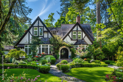 A classic colonial style house with symmetrical windows, gathered roof lines and traditional shutters © Kien