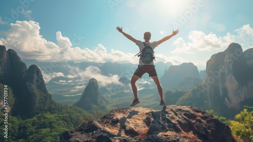 A man celebrating on mountain top, with arms raised up
