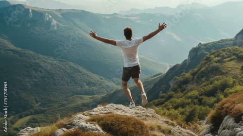 A man celebrating on mountain top, with arms raised up