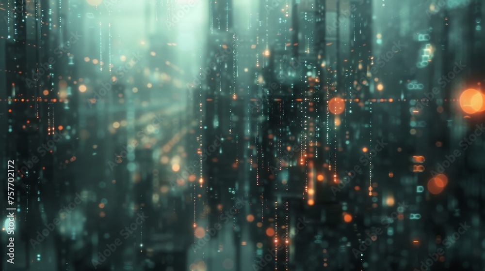 Backdrop background displaying grand scale tech infrastructure, infused with detailed elements and a subtly blurred bokeh effect