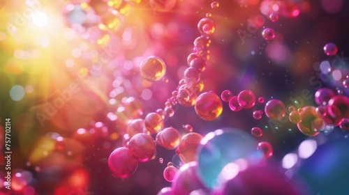 A realistic 3D image showing a vibrant and colorful vitamin molecule transforming into a smooth, radiant skin texture photo