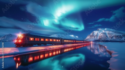 A passenger train traveling under the Northern Aurora with its lights mirroring in the snowy landscape