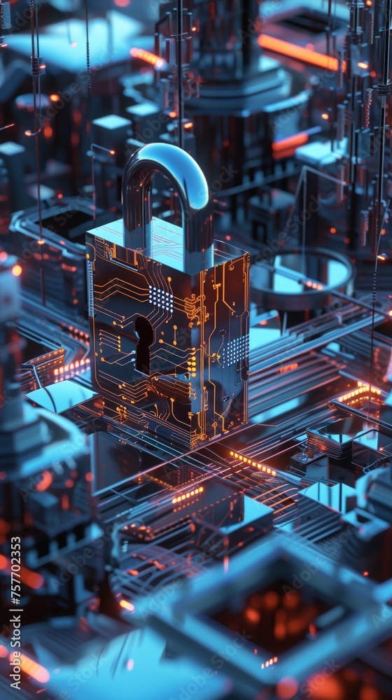 Visualize an innovative IT Security system manifested as a complex digital padlock in a futuristic 3D animation