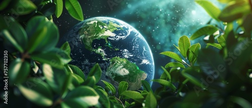 Earth viewed from space surrounded by green leaves showcasing a global commitment to plant life and clean air photo