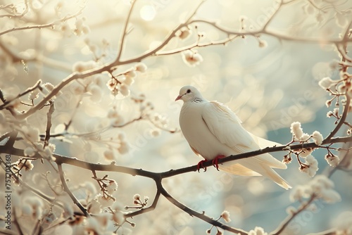 A tranquil scene featuring a white dove resting on a tree branch © Shutter2U