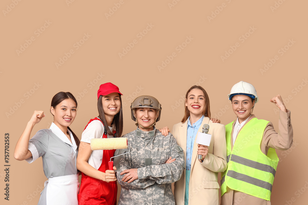 Obraz premium Women of different professions on beige background