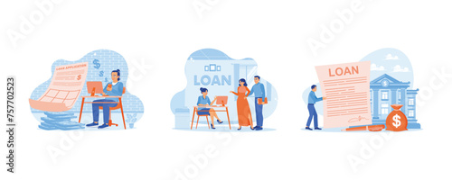 Fills out a loan approval application. A husband and wife apply for loan approval from a bank officer. Loan agreement letter from the bank. Approved Loan concept. Set flat vector illustration.