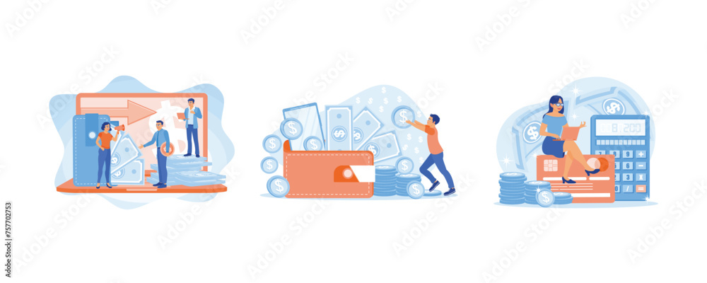Business people get dividends from investments. Putting coins into wallets containing money. Calculates each transaction. Financial Transactions concept. Set flat vector illustration.
