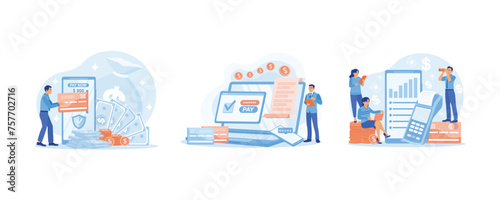 Successful man making digital payments. Digital banking system. EDC displays transaction data. Financial Transactions concept. Set flat vector illustration.