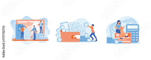 Business people get dividends from investments. Putting coins into wallets containing money. Calculates each transaction. Financial Transactions concept. Set flat vector illustration.