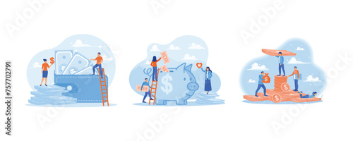People counting money in big wallets. Putting money into a piggy bank. Revenue management. Saving Money concept. Set flat vector illustration.