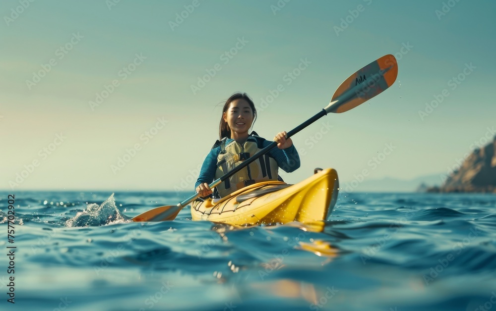 Asian woman kayaking silver and yellow kayak confident look open water and clear sky for copy space sense of exploration