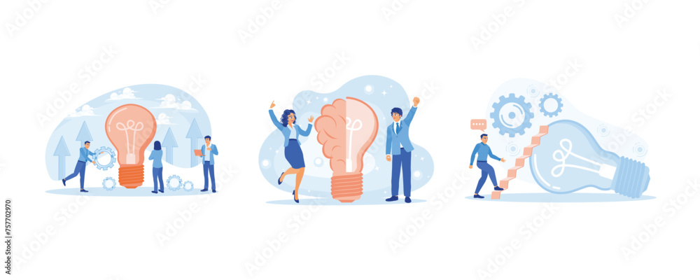 Fototapeta premium Business team working together to start a new business. Develop new business ideas. Makes a work plan to achieve success. Business Idea concept. Set Flat vector illustration.