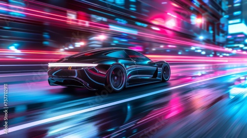 Sleek electric car gliding through a neon lit cityscape at dusk reflecting advanced technology and speed futuristic design elements