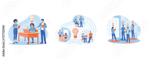 Business people are discussing inside the office. Looking for new ideas and solutions to achieve success. Business Idea concept. Set Flat vector illustration.
