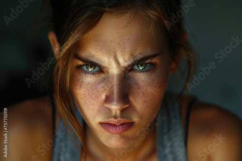 Angry belligerent young woman looking at the camera