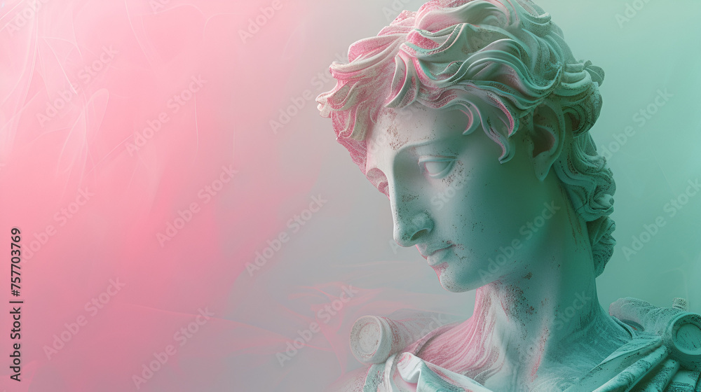 Sculpture of an abstract greek deity, done in the pastel gradient pink and green background colors. generative ai 