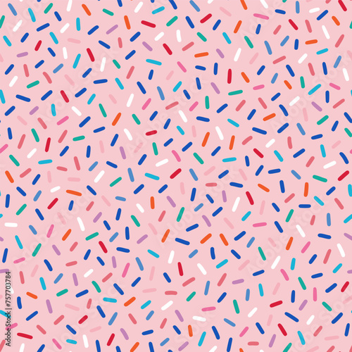 Donut, sweet confetti background. Sweet cake, donut confetti texture, seamless pattern. Colorful candy topping seamless background wallpaper. Vector illustration