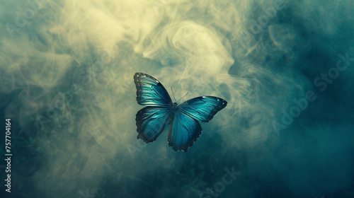 Against a backdrop of swirling mist and fog, a blue butterfly emerges, its wings a vibrant splash of color amidst the ethereal haze.