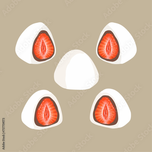 Hand drawn vector illustration of Ichigo daifuku strawberry and red bean mochi